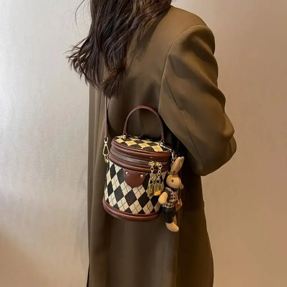 Argyle checkered bucket crossbody bag with brown trim and bunny charm ๐ - Picture 10 of 12